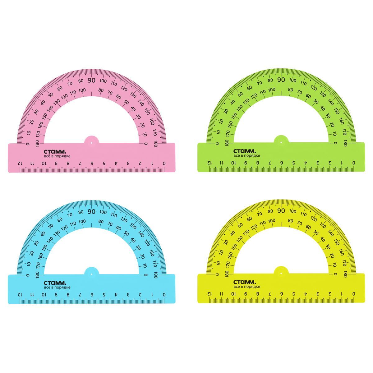 Транспортир 12см, 180° СТАММ, пластиковый, прозрачный, неоновые цвета, ассорти РОССИЯ СТАММ СТАММ  ТНВЭД 9017201000