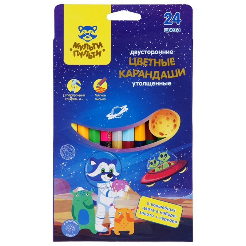 Карандаши цветные Мульти-Пульти "Енот в космосе",24цв., 12шт., двусторонние, утолщенные, заточен., европодвес КИТАЙ Мульти-Пульти Мульти-Пульти 10702070/210222/3068890/1 ТНВЭД 9609109000