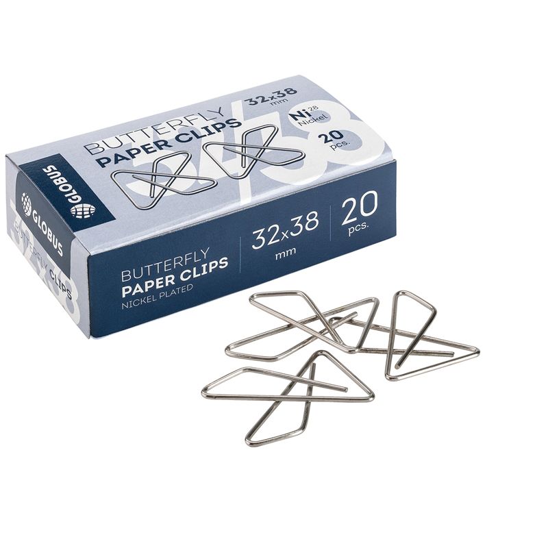 Скрепки-бабочки 32*38мм, Globus, 20шт., никелированные, карт. упаковка