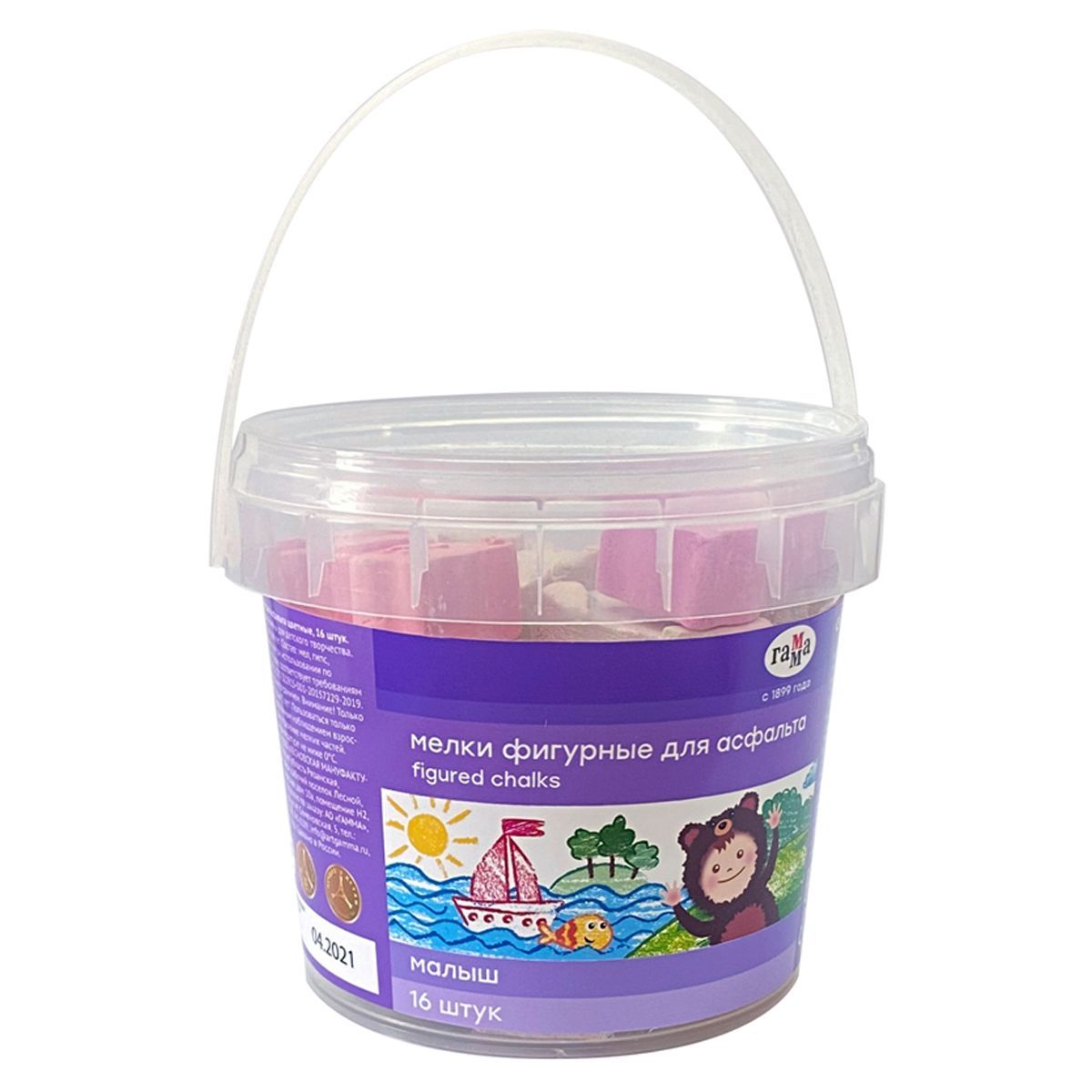 Мелки фигурные для асфальта Гамма "Малыш", ассорти, 16шт., пластиковое ведро РОССИЯ Гамма Гамма_детство/школа  ТНВЭД 9609909000